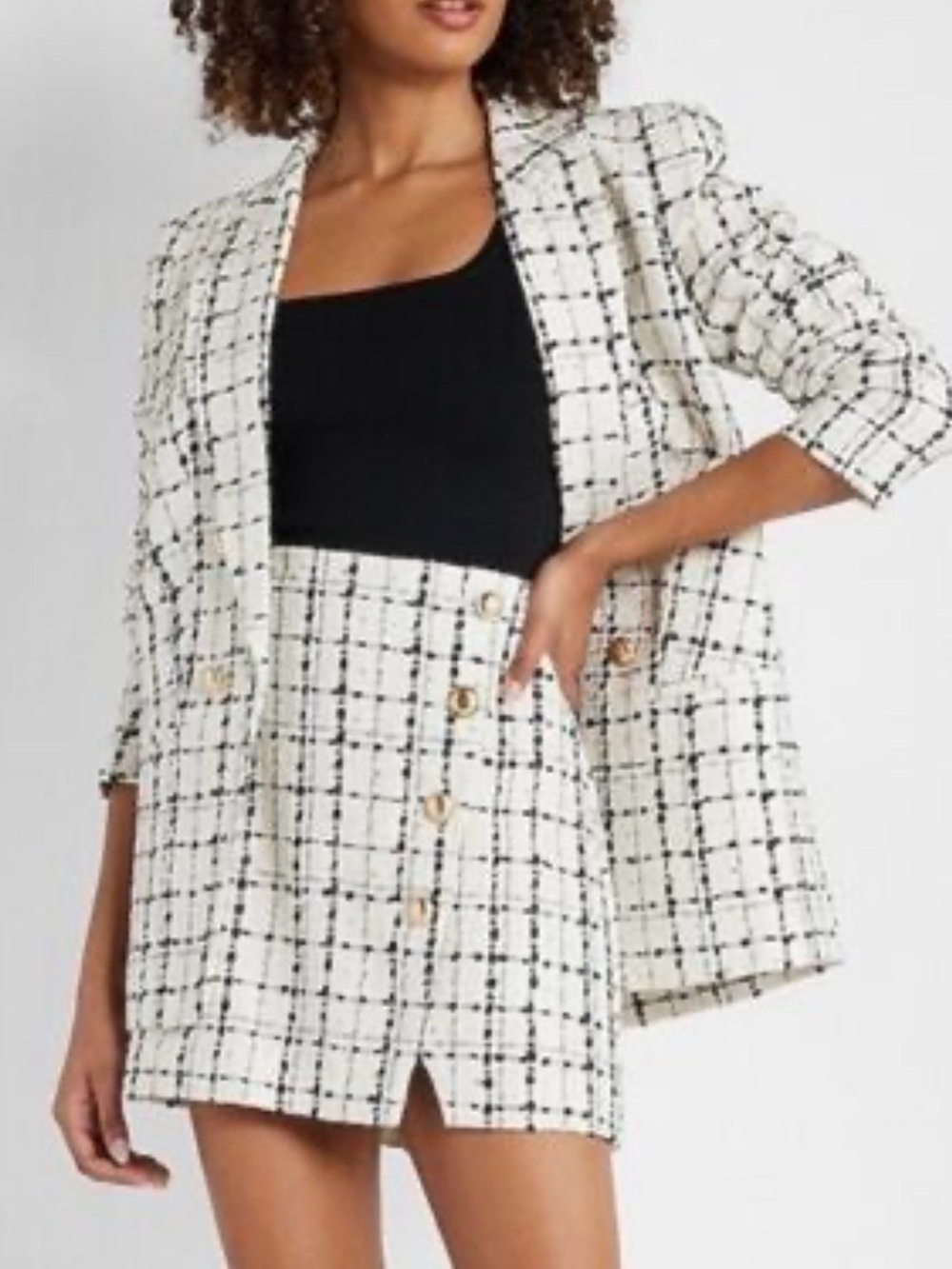 EXPRESS- Checked Cream Tweed Blazer and skirt SET
